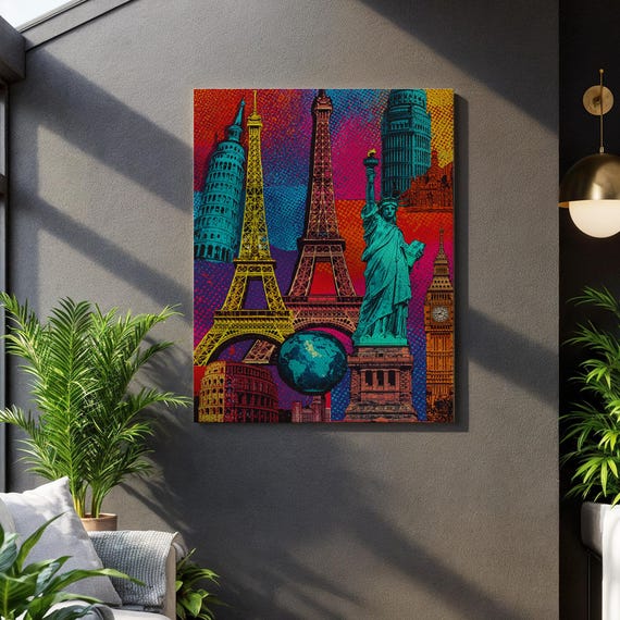 Pop Art World Landmarks Canvas Colorful Retro Style Wall Featuring Eiffel Tower Statue Of Liberty Big Ben Leaning Colosseum
