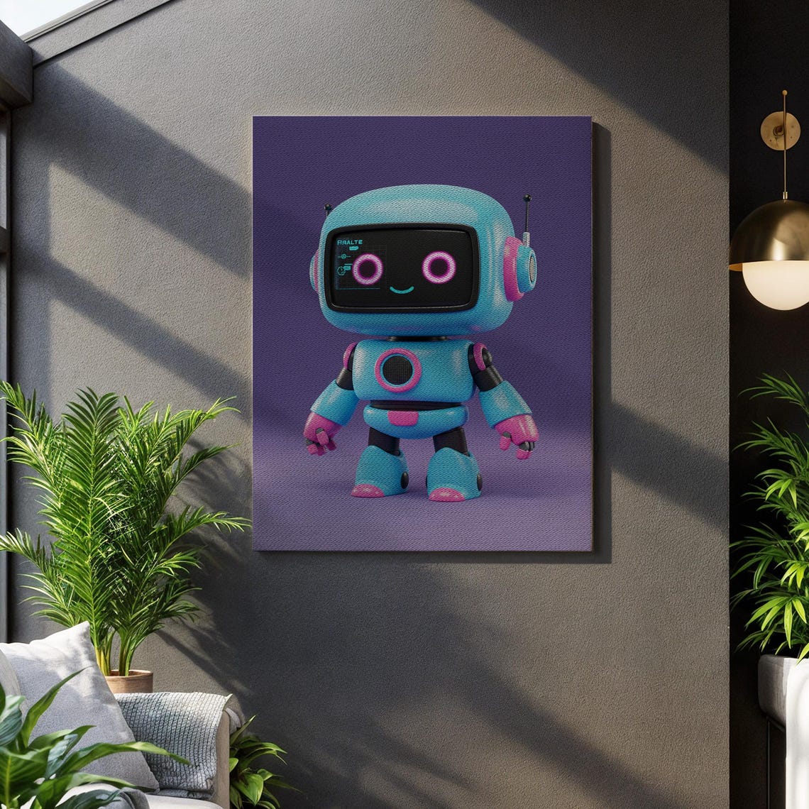 Cute Retro Robot Toy Blue and Pink Playful Kids Room Wall Poster