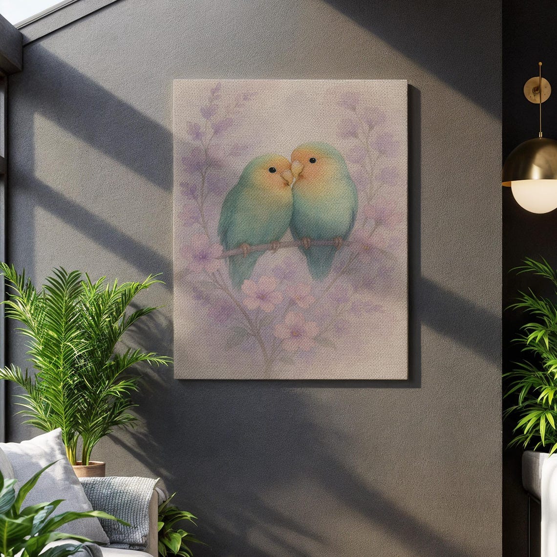 Lovebirds Pastel Pair Watercolor Floral Branch Romantic Nature Poster