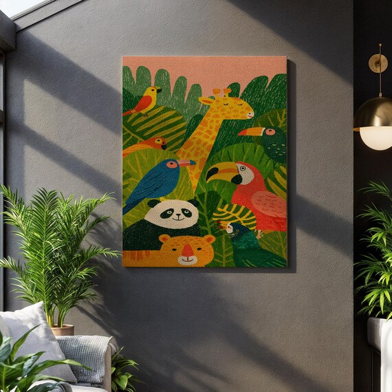 Playful Jungle Animals Giraffe Panda Toucan Kids Illustration Poster