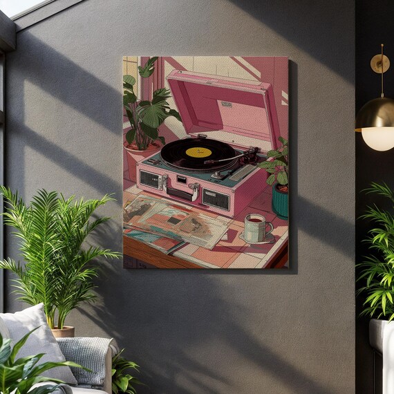Vintage Pink Record Player With Vinyl Cozy Retro Music Wall Art