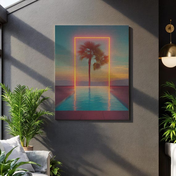 Neon Palm Tree Wall Art Sunset Pool Canvas Print Retro Futuristic Tropical Landscape Painting Vibrant Vaporwave Home Decor Unique Gift