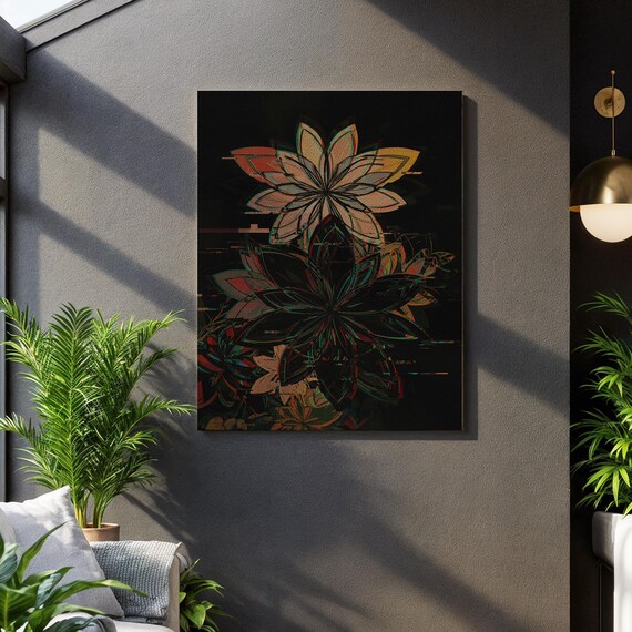 Glitch Bloom Geometric Flower Dark Black Floral Digital Art Poster