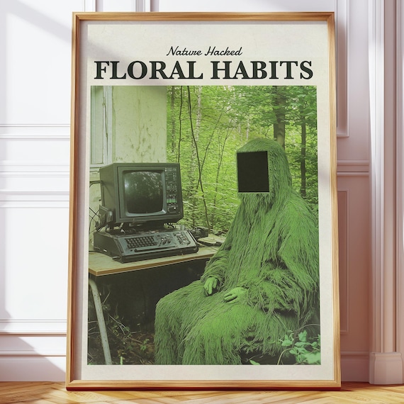 Surrealist Psychedelic Forest Poster, Retro Cyber Aesthetic