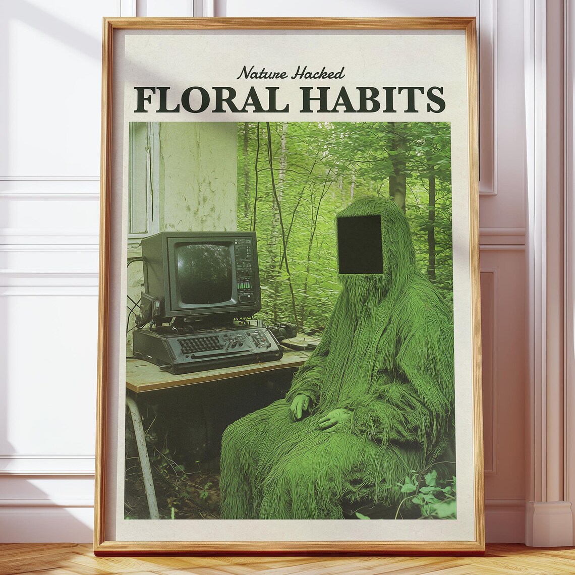 Surrealist Psychedelic Forest Poster, Retro Cyber Aesthetic