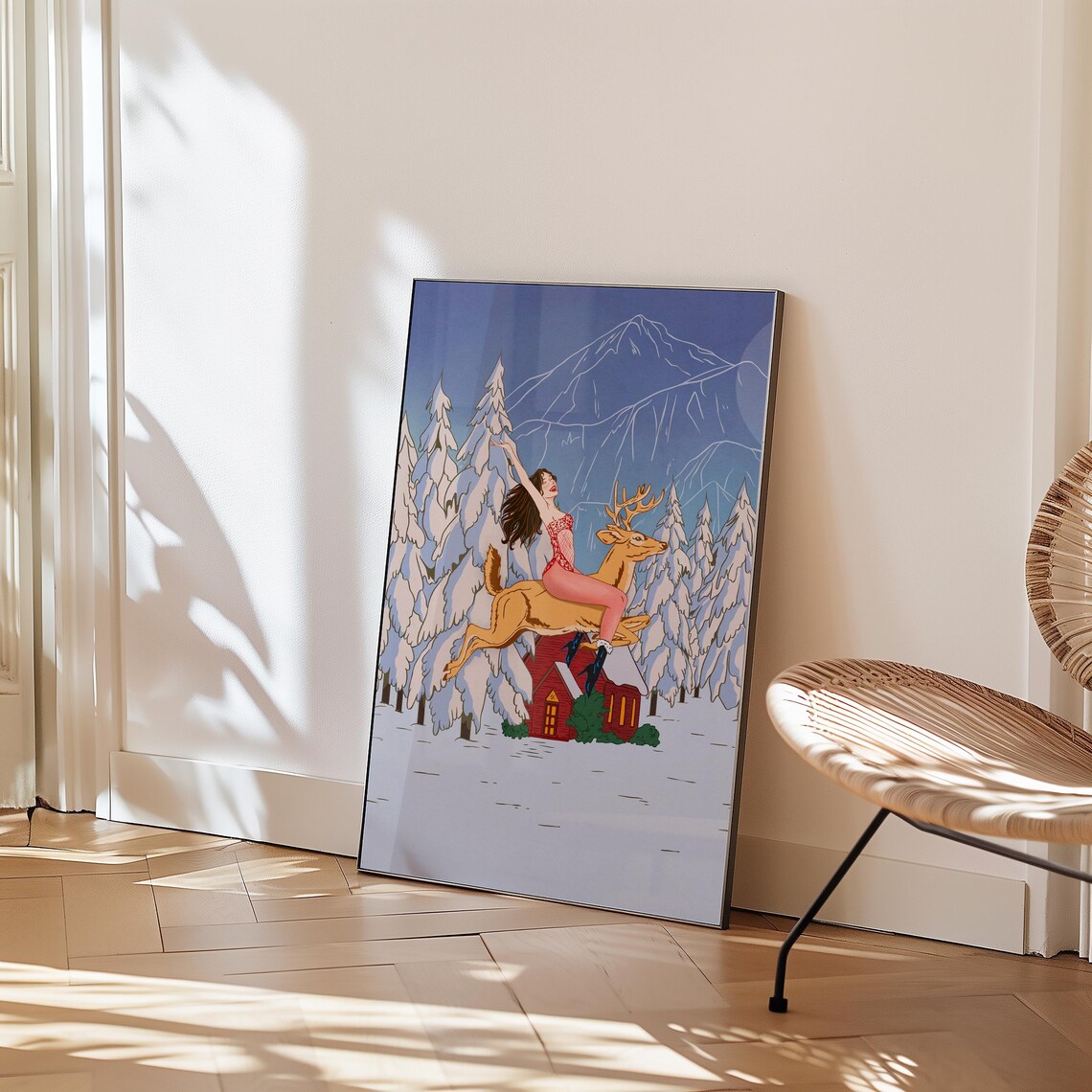 Pin Up Girl Reindeer Ride Snowy Christmas Cabin Holiday Art Poster - Image 4