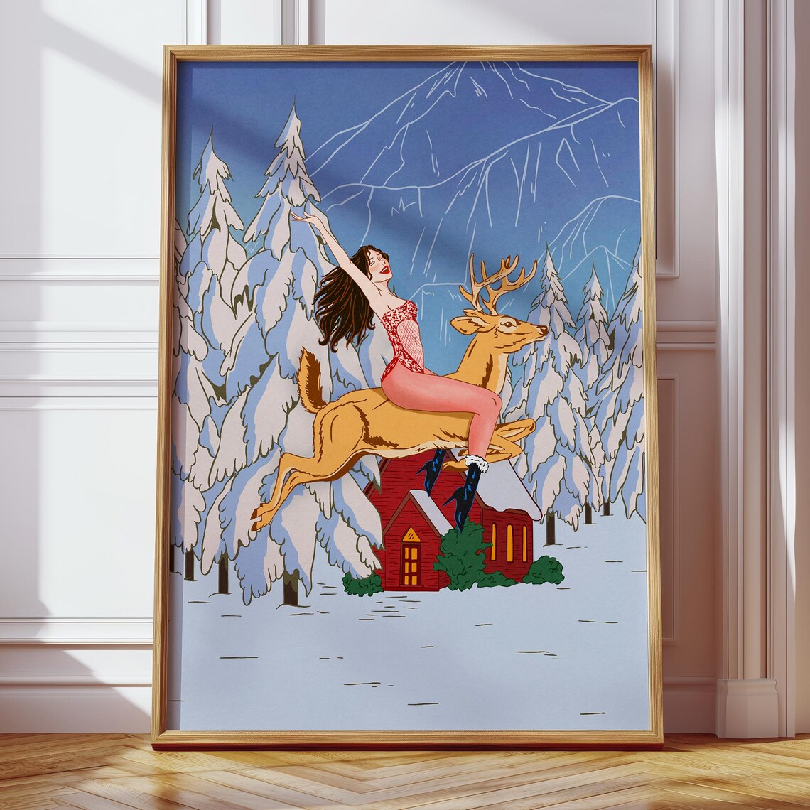 Pin Up Girl Reindeer Ride Snowy Christmas Cabin Holiday Art Poster