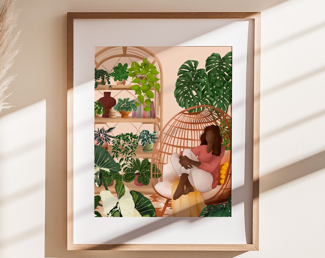Woman In Rattan Egg Chair In Lush Greenhouse Room Illustration Poster