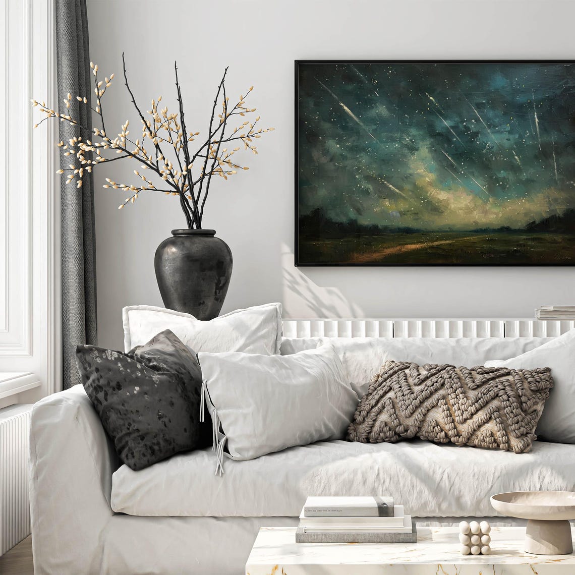 Vibrant Meteor Shower Over Teal Meadow Starry Night Art Poster - Image 5