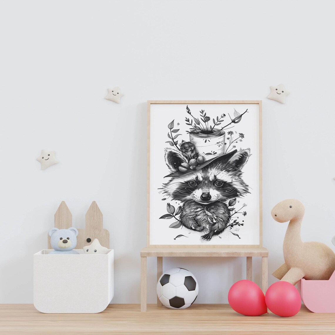 Cute Baby Raccoon with Woodland Hat Monochrome Whimsical Sketch Poster - Image 6