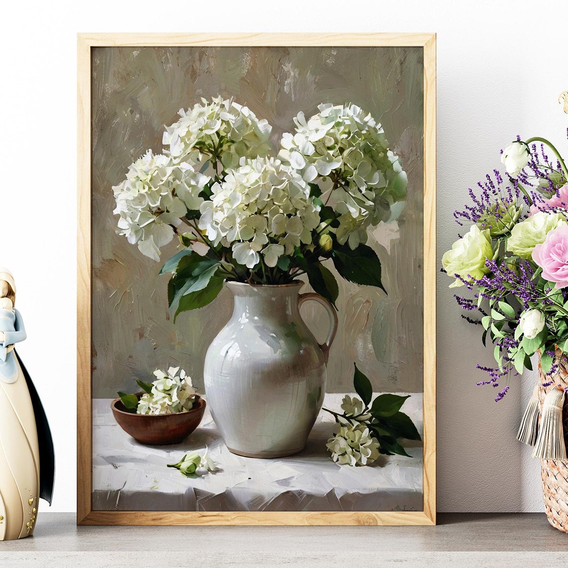 White Hydrangea Bouquet Ceramic Pitcher Oil Painting Floral Poster