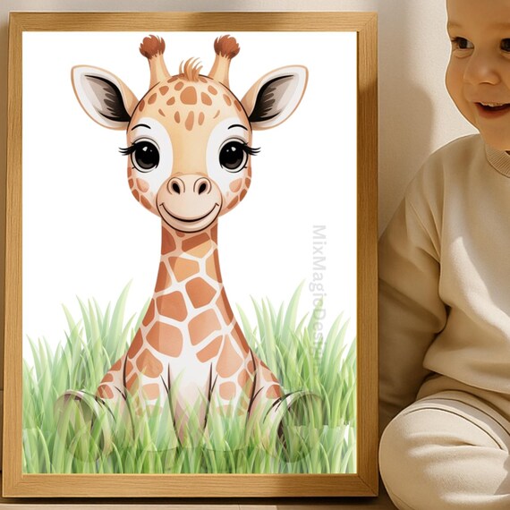 Cute Baby Giraffe Safari Nursery Art Print for Kids Room Decor