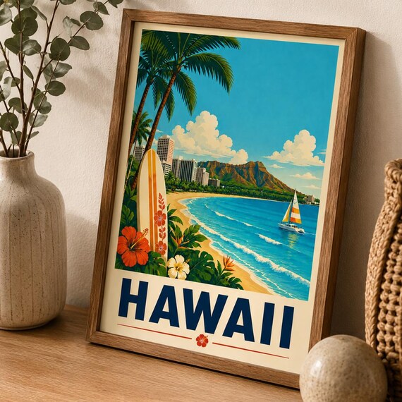 Hawaii Vintage Travel Poster Waikiki Beach Diamond Head Surf Art