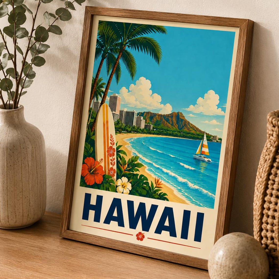 Hawaii Vintage Travel Poster Waikiki Beach Diamond Head Surf Art