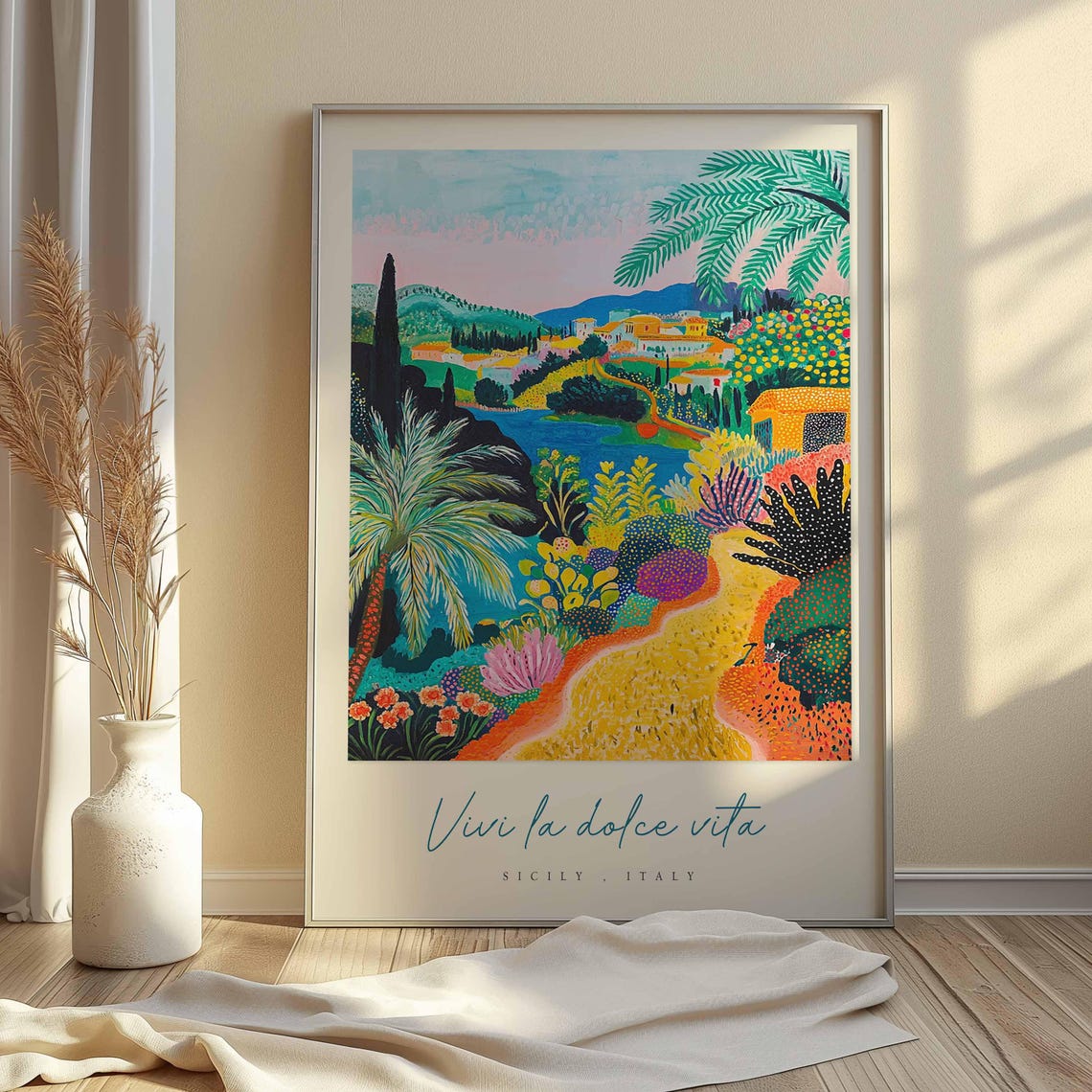 Sicily Italy Garden Poster Vibrant Tropical Flowers And Hillside Town - Image 2