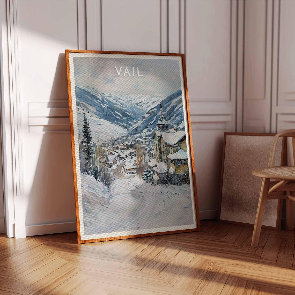 Vail Colorado Snowy Village Street Church Tower Watercolor Poster - Image 3