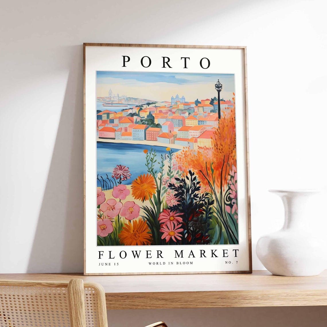 Porto Distant Skyline Over Water Lamppost Cosmos Floral Travel Poster