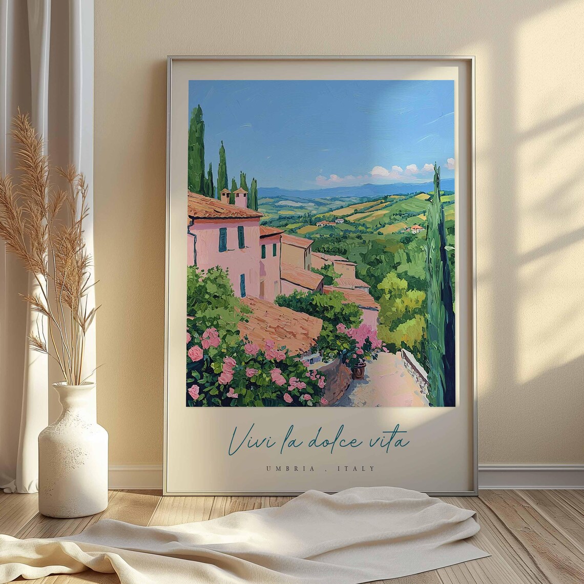 Umbria Italy Pink Village Houses Flower Terrace Valley View Poster - Image 2