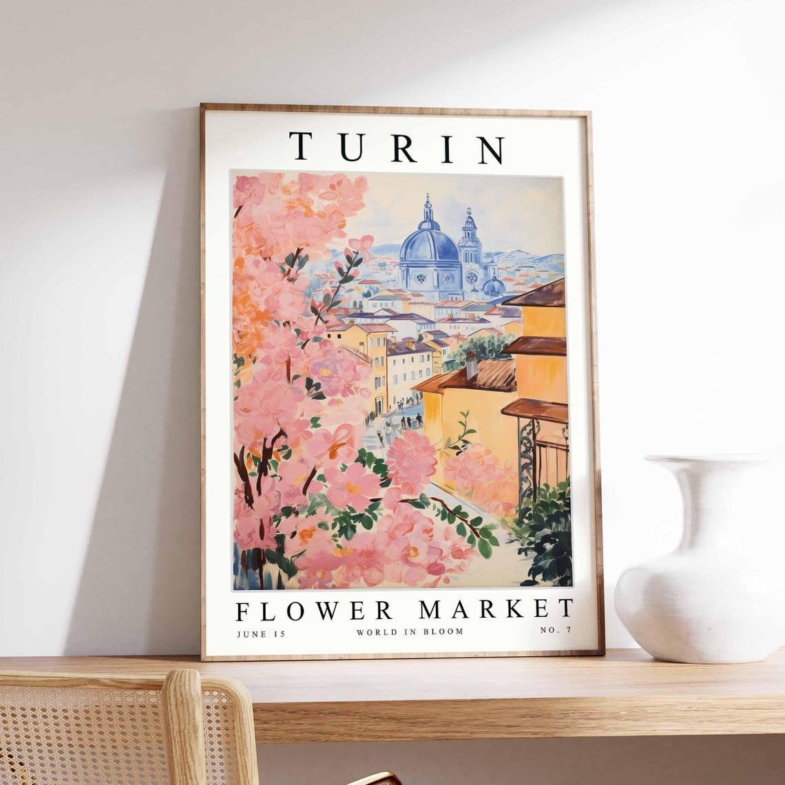 Turin Flower Market Cathedral Dome Street Pink Blossom Scene Poster
