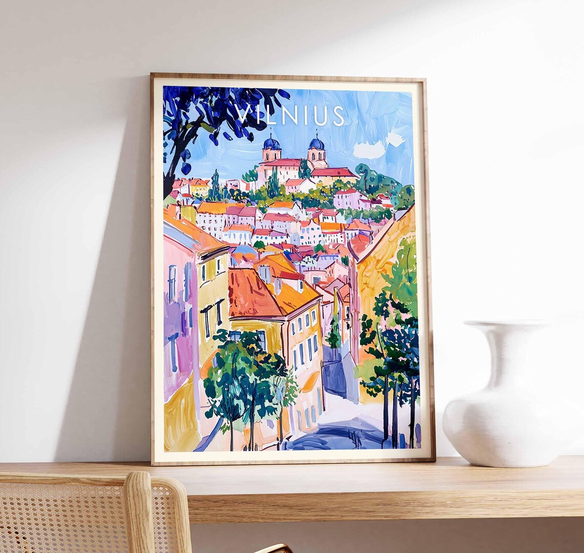 Vilnius Old Town Colorful Street Travel Poster Lithuania Cityscape