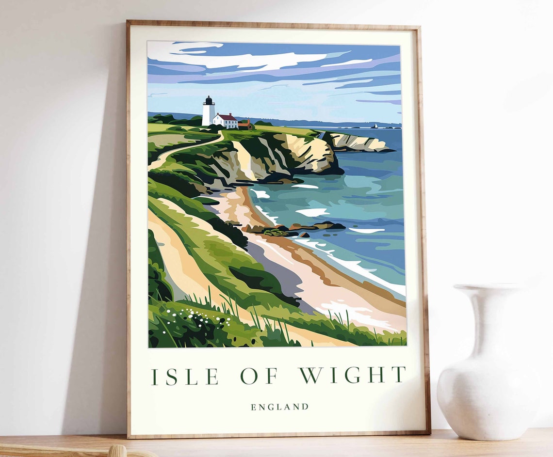 Isle Of Wight England Lighthouse Cliffside Cove Coast Travel Poster