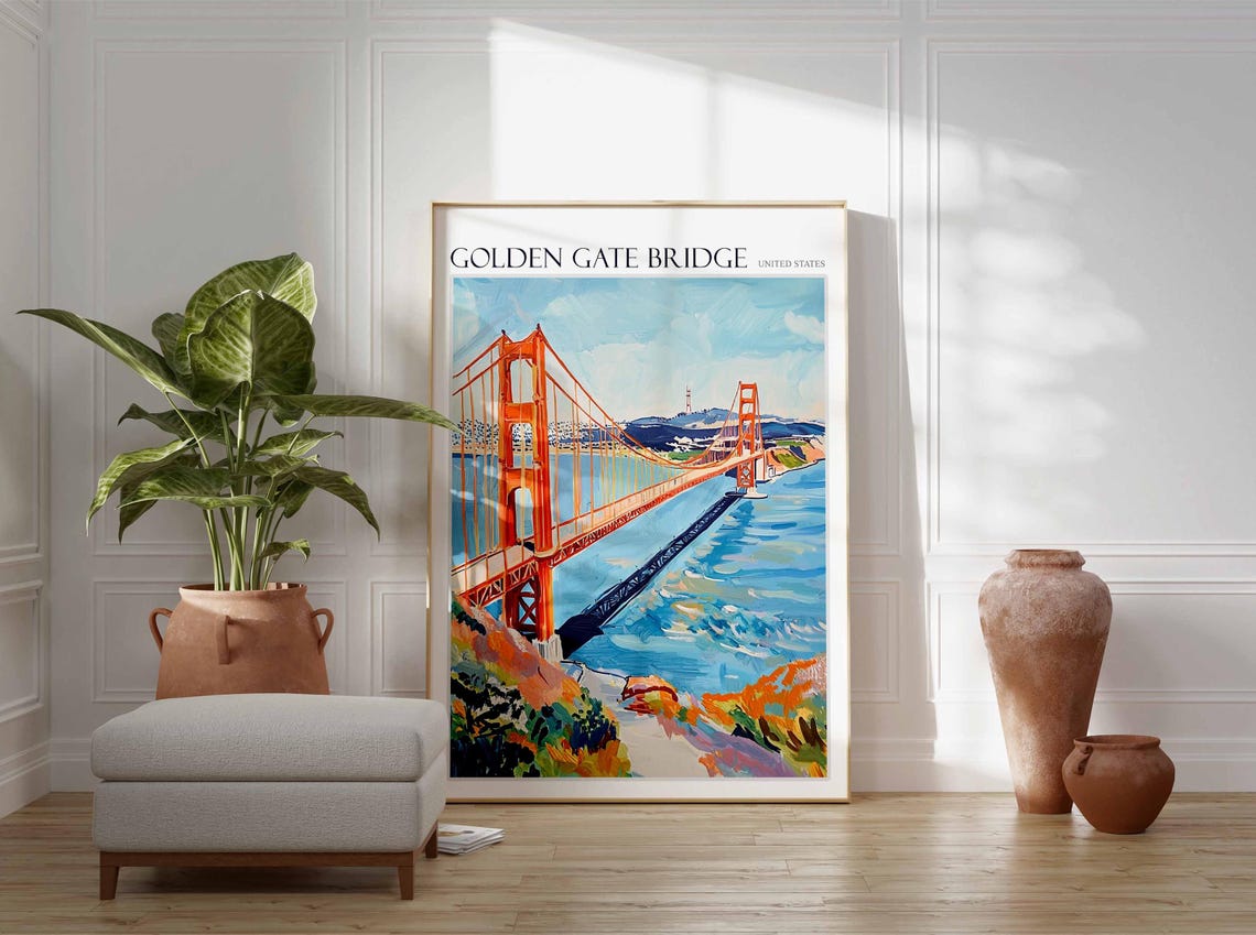 Golden Gate Bridge Golden Shoreline Cliffs Bay View Art Poster - Image 2