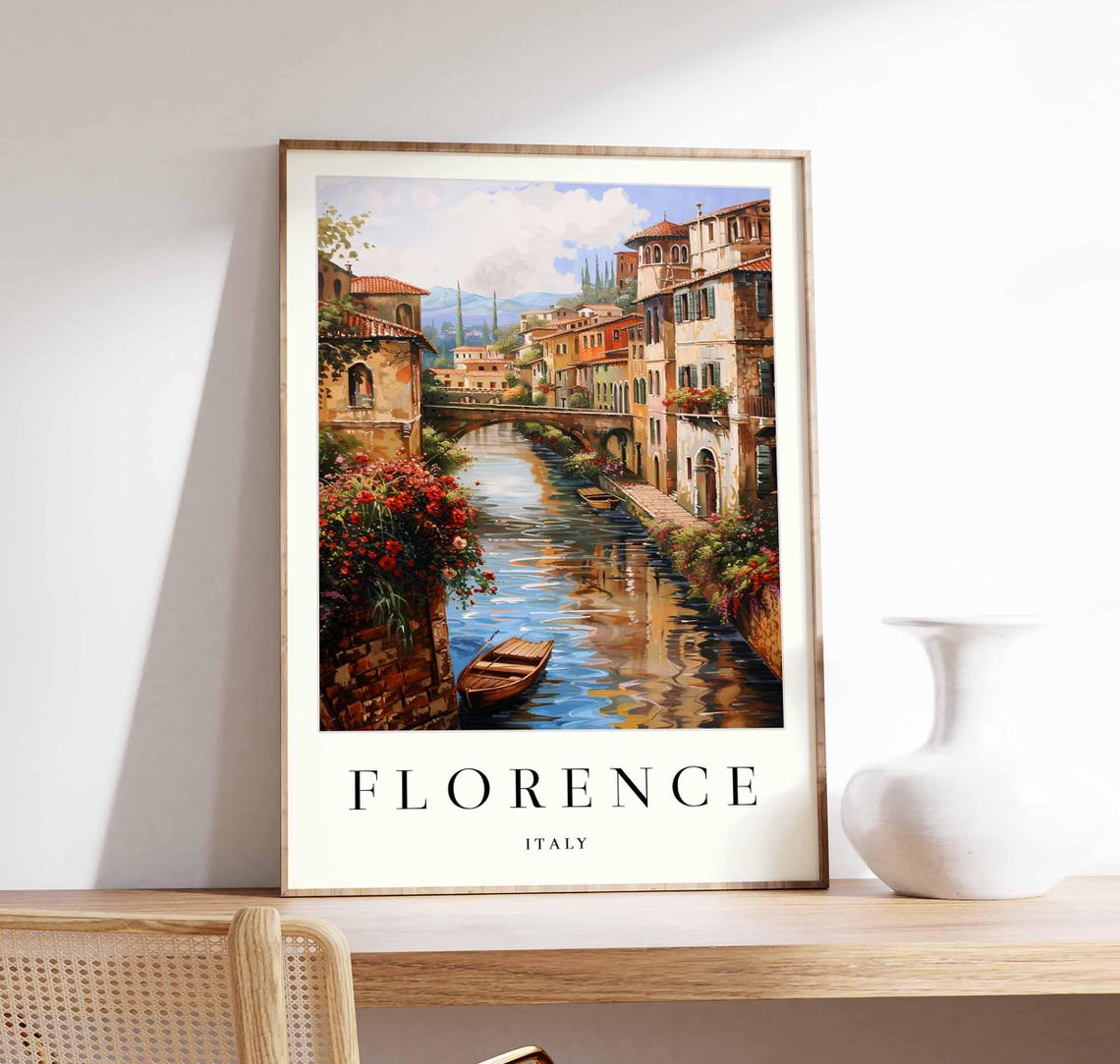 Florence Italy Canal Bridge With Rowboat Impressionist Poster