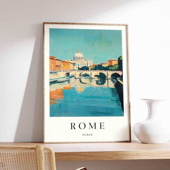 Rome St Peters Basilica Tiber River Bridge Vintage Travel Poster