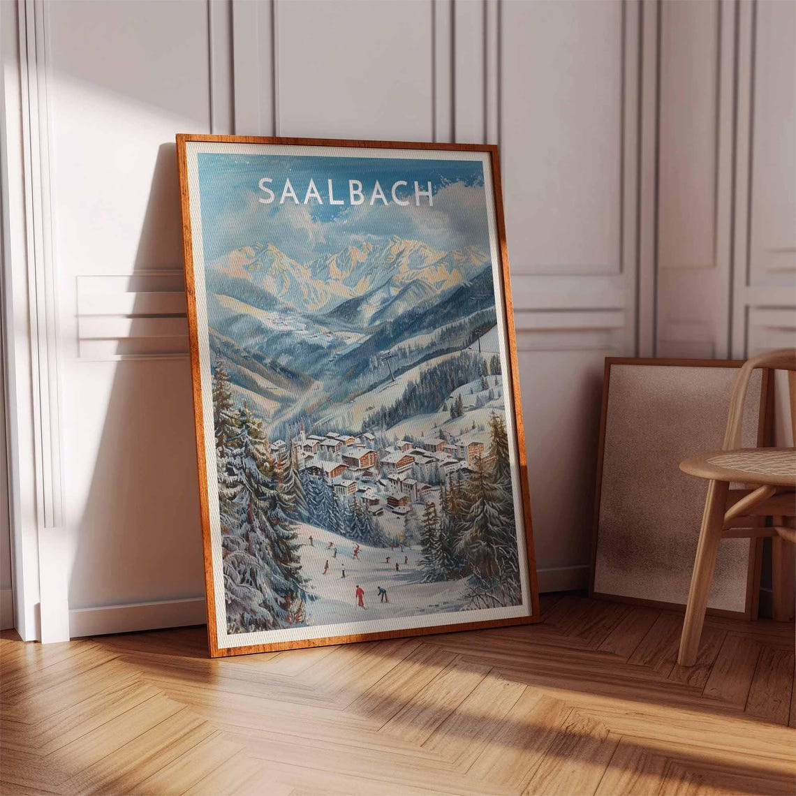 Saalbach Austria Watercolor Skiers Between Pine Trees Poster - Image 3