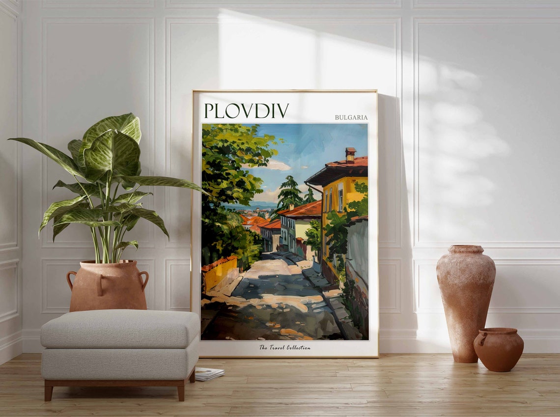 Plovdiv Bulgaria Quiet Cobblestone Street Scene Travel Poster - Image 2