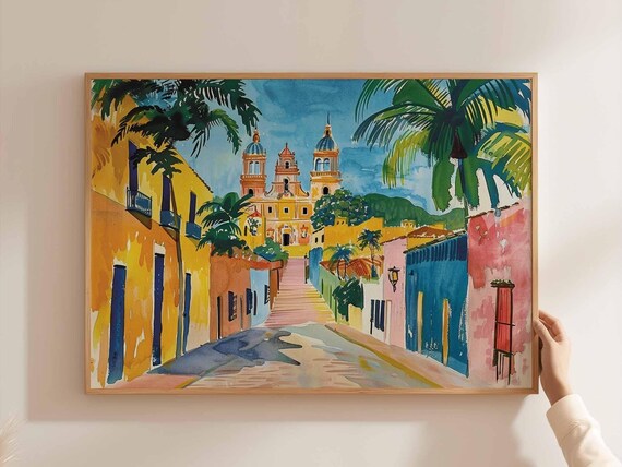 Culiacan Mexico Cathedral Street Watercolor Style Travel Art Poster