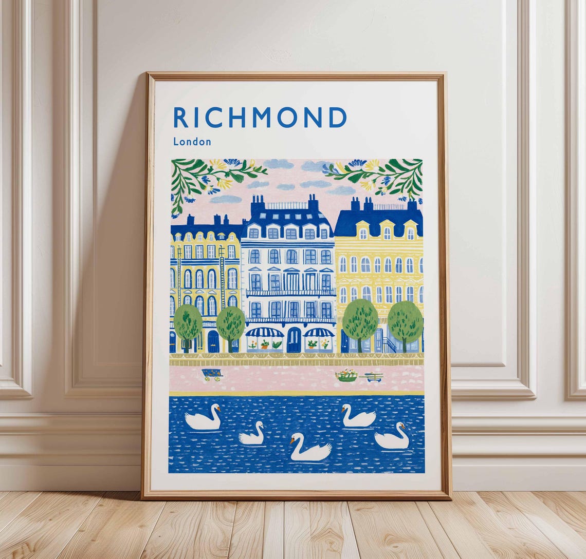 Richmond London Riverside Swans Blue Terrace Houses Art Print
