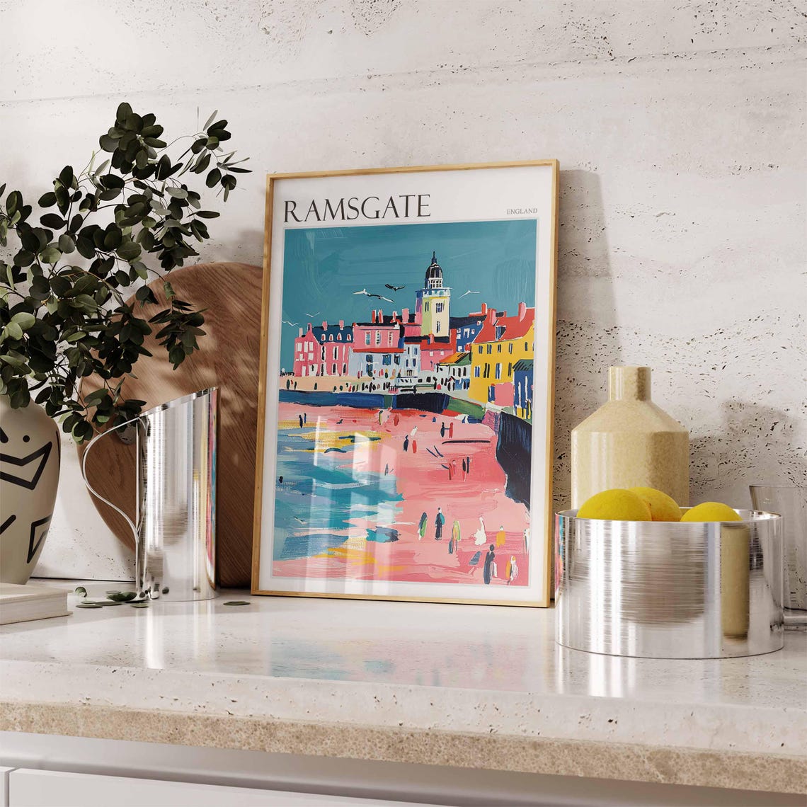 Ramsgate England Busy Pink Beach Townscape Bold Artwork Poster - Image 3