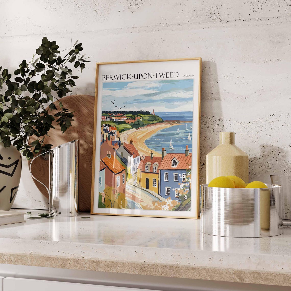 Berwick upon Tweed Beach Sailboats Rooftops Headland England Poster - Image 2