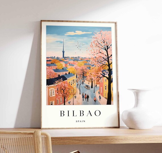 Bilbao Spain Autumn Trees Street Travel Poster Basque Cityscape Art