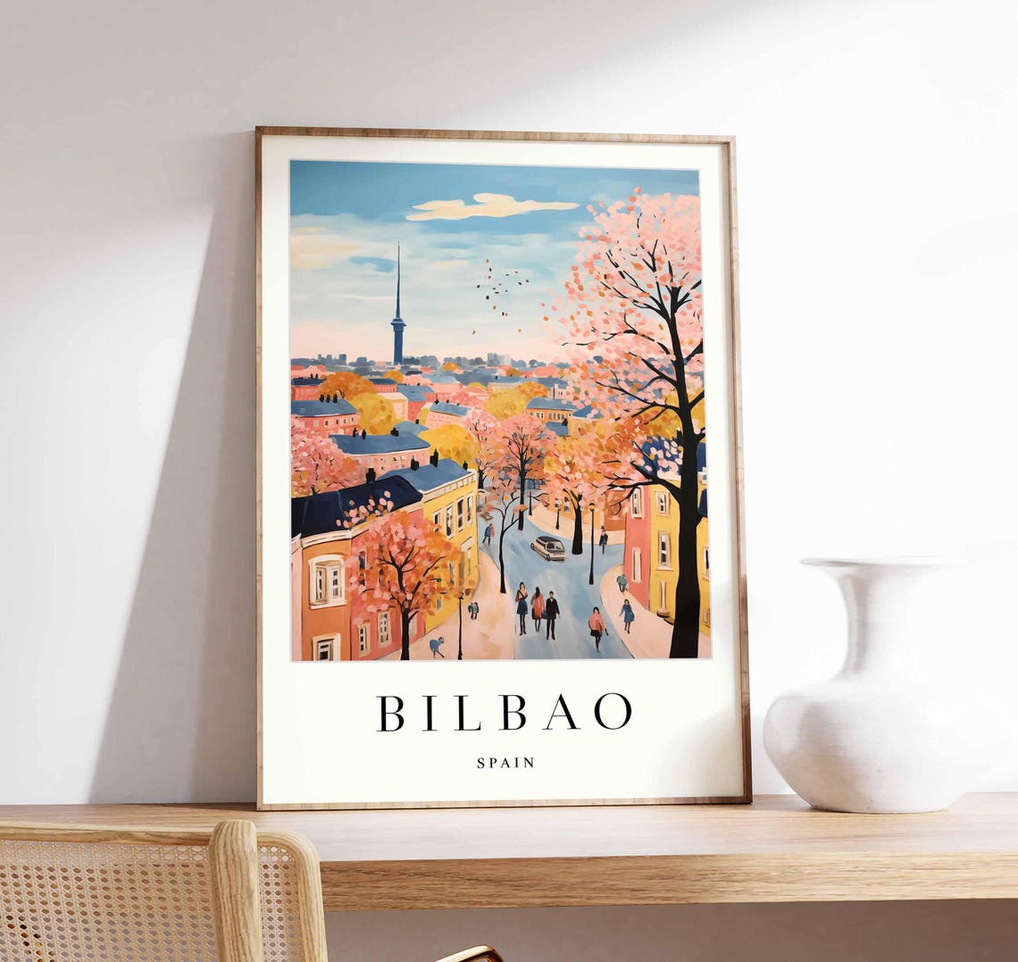 Bilbao Spain Autumn Trees Street Travel Poster Basque Cityscape Art