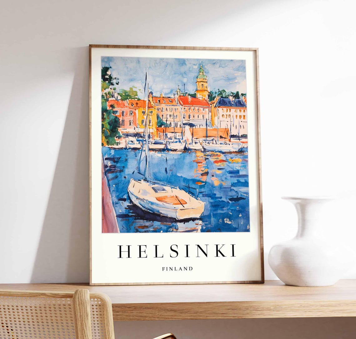 Helsinki Finland Harbor Sailboat Waterfront Watercolor Travel Poster
