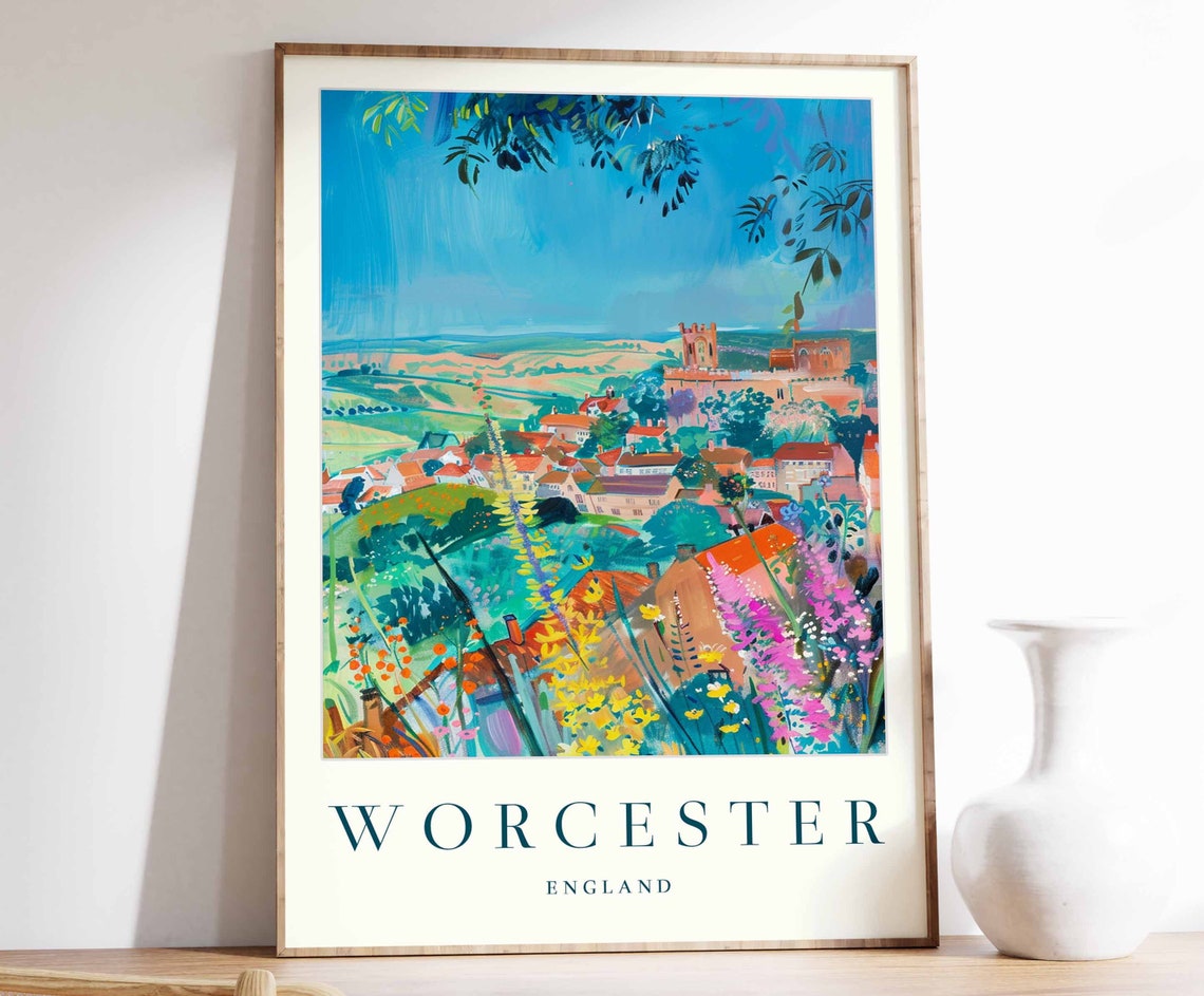 Worcester England Colorful Countryside Cathedral City View Art Poster