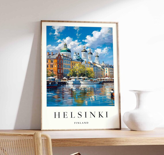 Helsinki Finland Summer Harbor Poster Boats and Colorful Waterfront