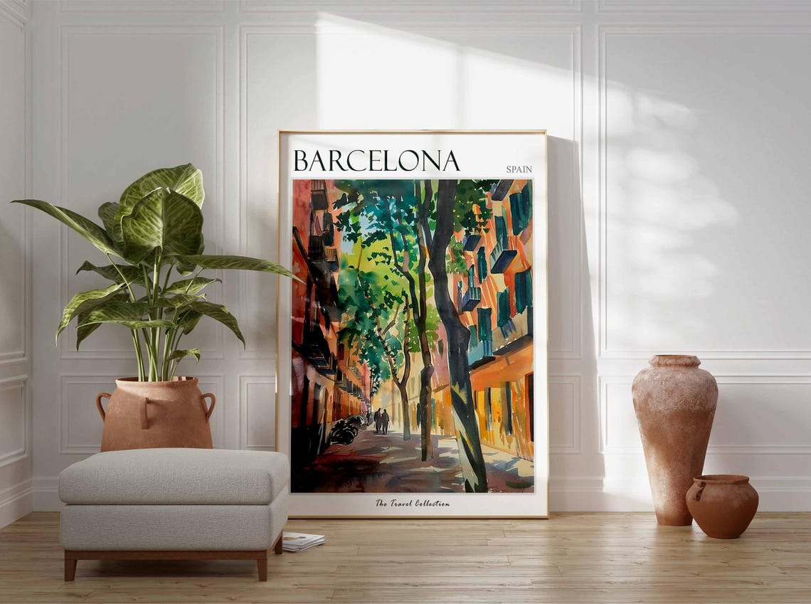 Barcelona Spain Tree Lined Street Watercolor Painted Travel Poster - Image 2