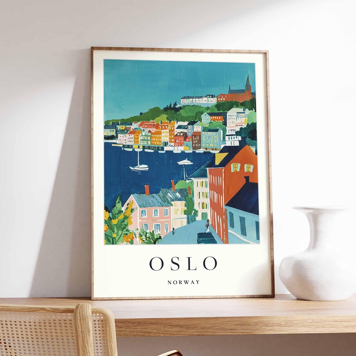 Oslo Norway Hillside City View Sailboats Church Spire Art Poster