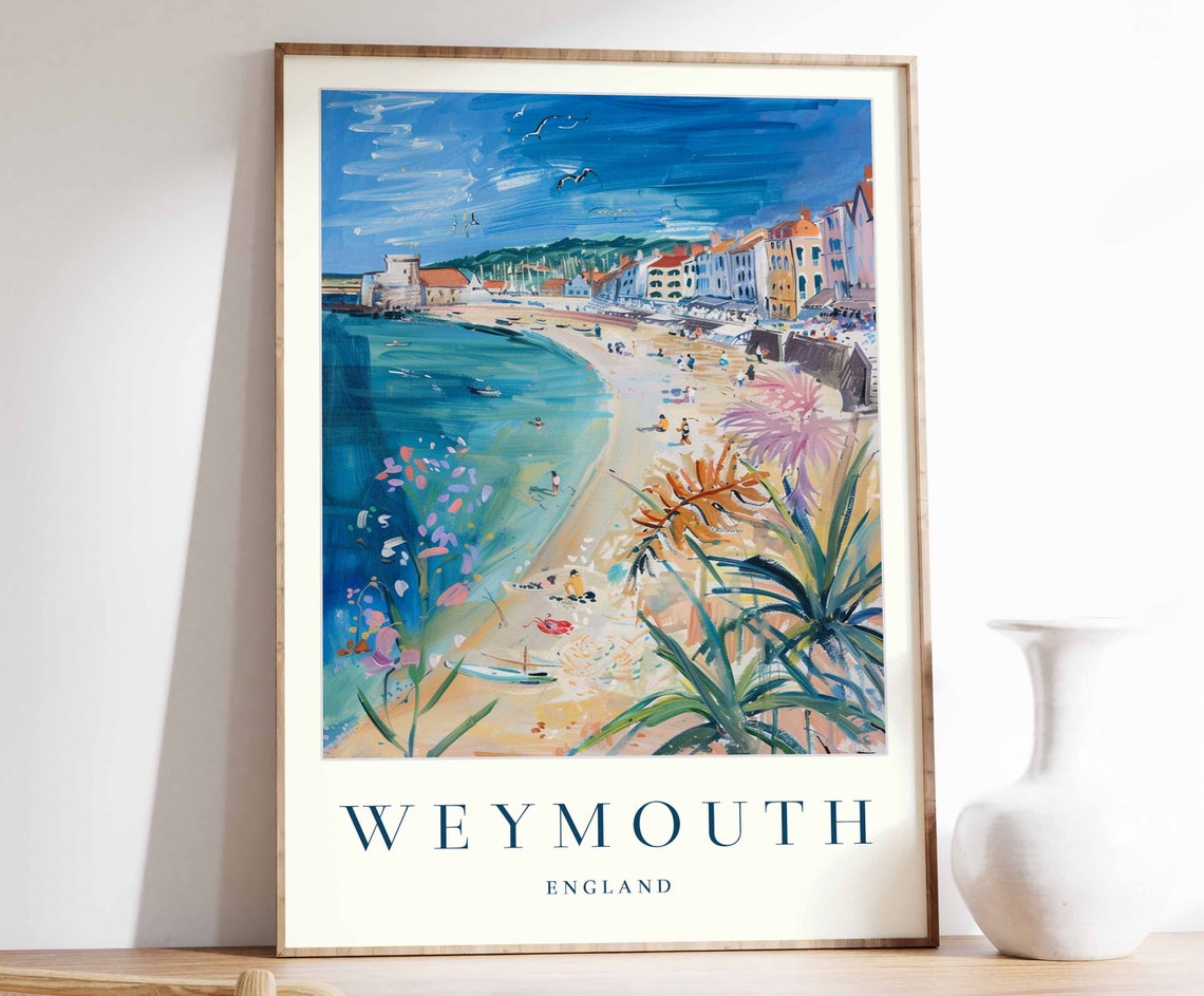 Weymouth England Sandy Beach Harbor Watercolor Coastal Travel Poster