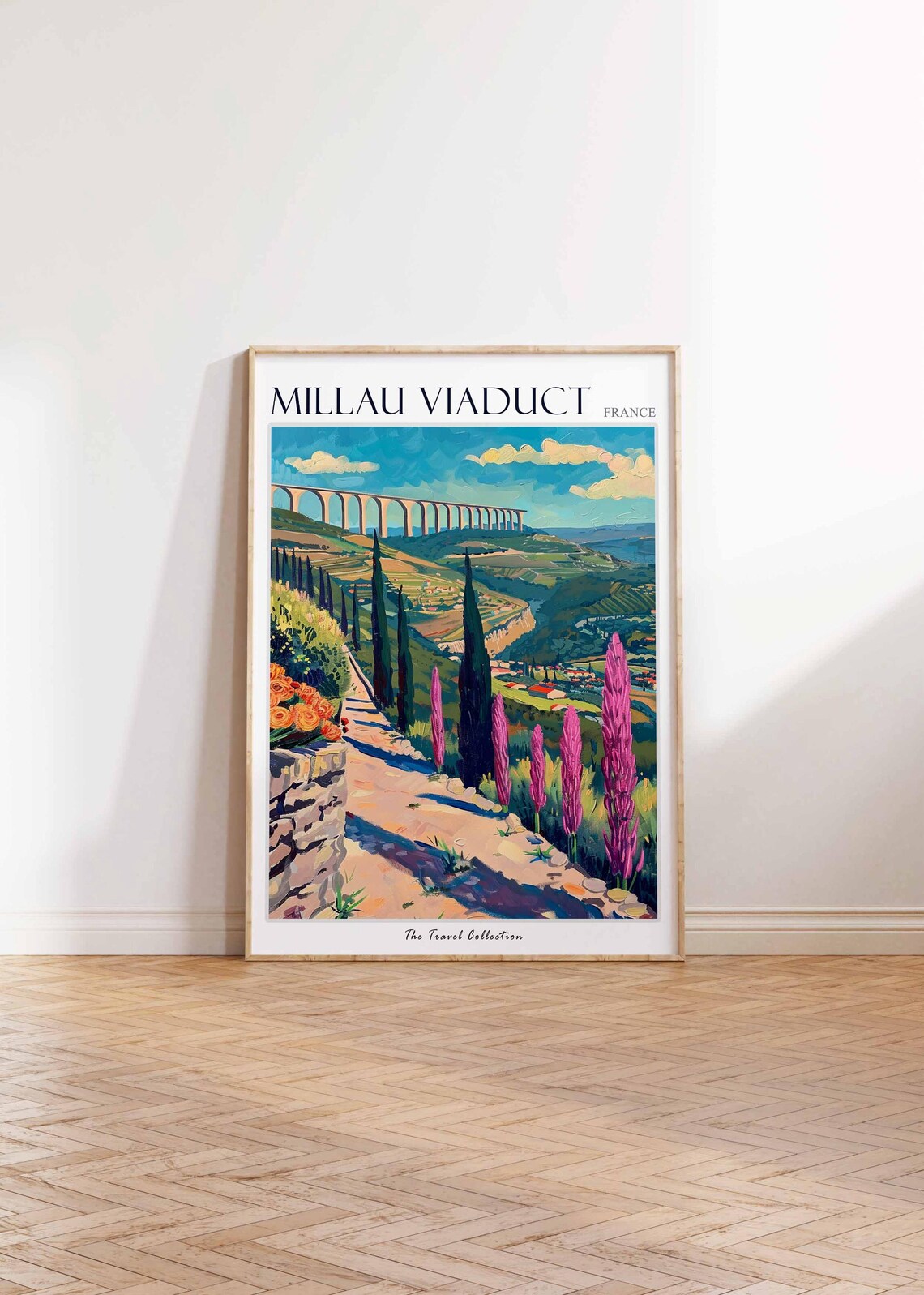 Millau Viaduct France Flower Path Cypress Painting Travel Poster - Image 2