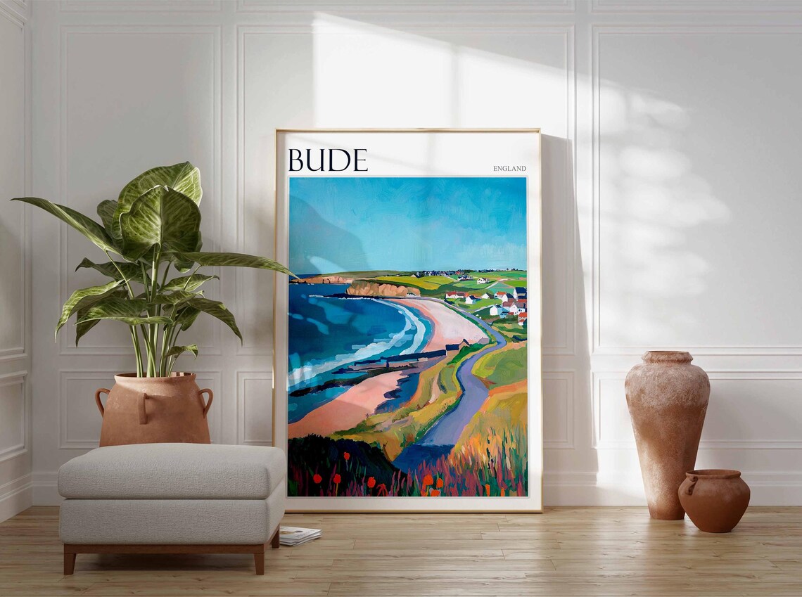 Bude Cornwall England Winding River to Beach and Wildflower Cliff Poster - Image 3
