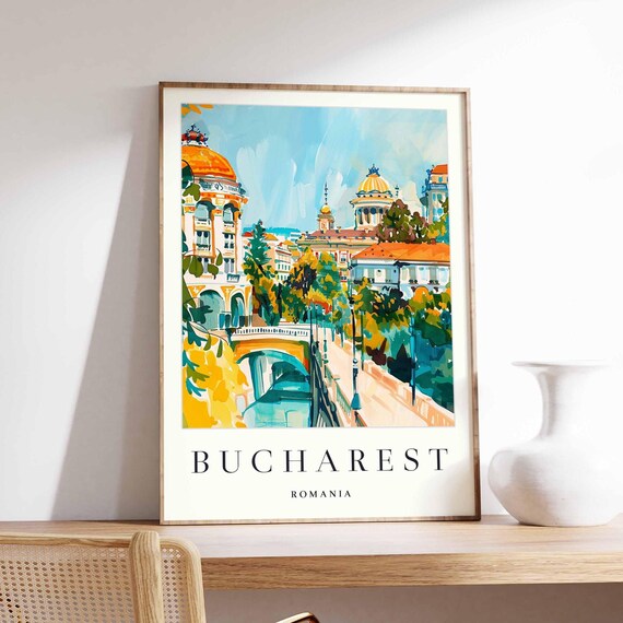 Bucharest Romania Golden Domes Bridge Canal Cityscape Poster
