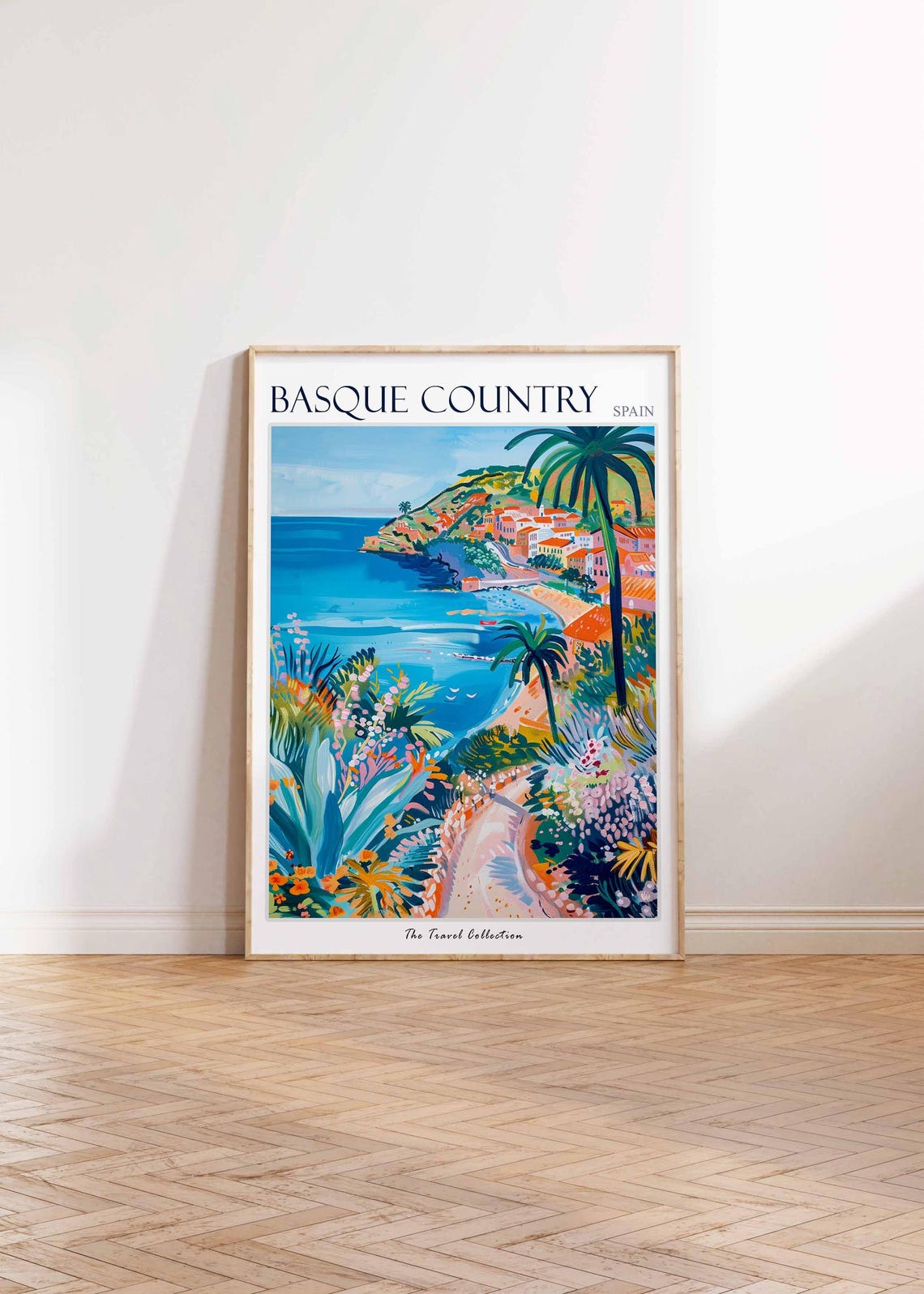 Basque Country Spain Bright Beach Cove Palms Painted Travel Poster - Image 2