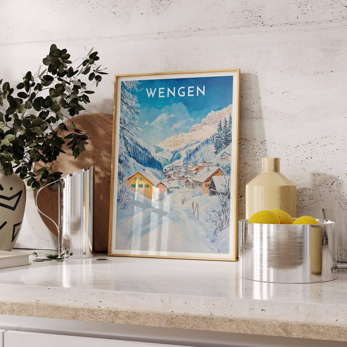 Wengen Switzerland Blue Sky Snowy Village Chalets Travel Poster - Image 2