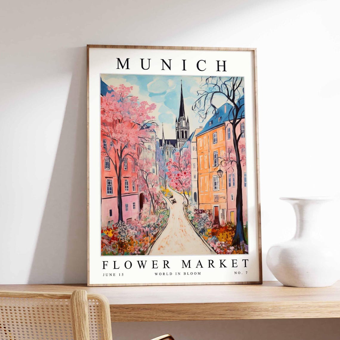 Munich Flower Market Cherry Blossom Street Gothic Spire Poster