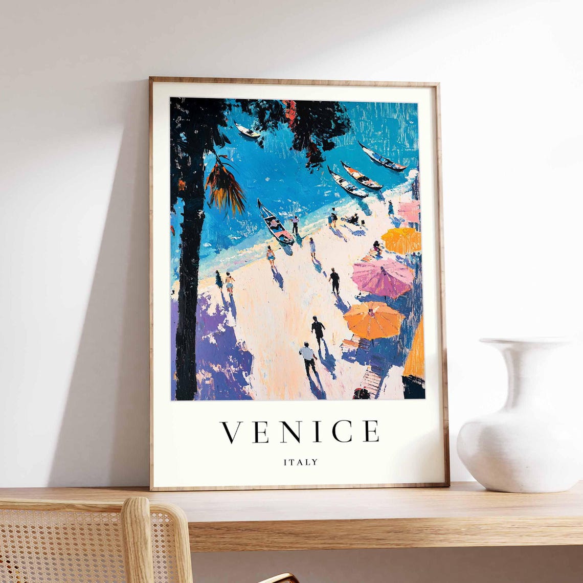 Venice Italy Vibrant Beach Gondolas Umbrellas Summer Travel Poster