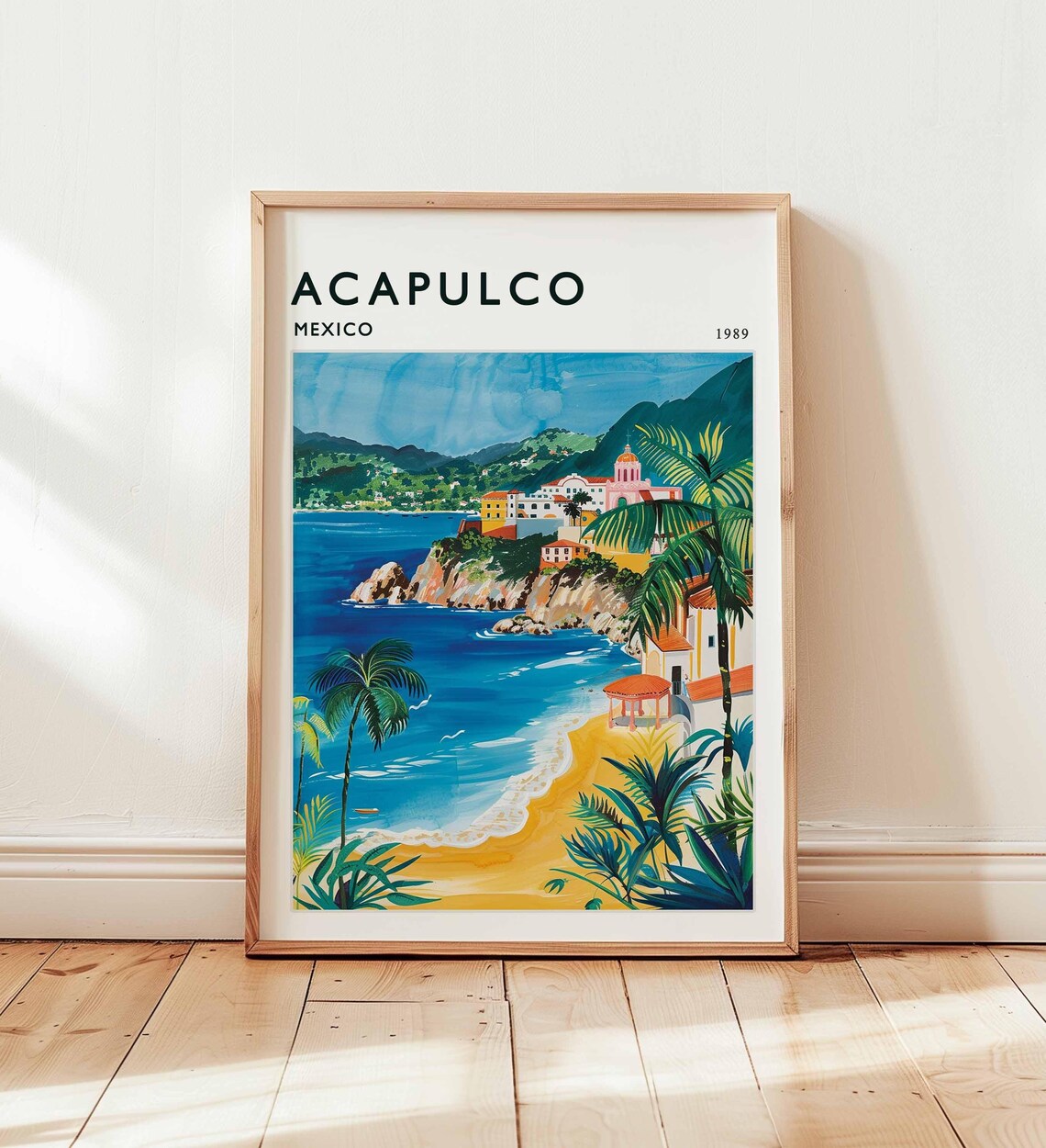 Acapulco Mexico 1989 Cliff Beach Cove Palms Colorful Travel Poster